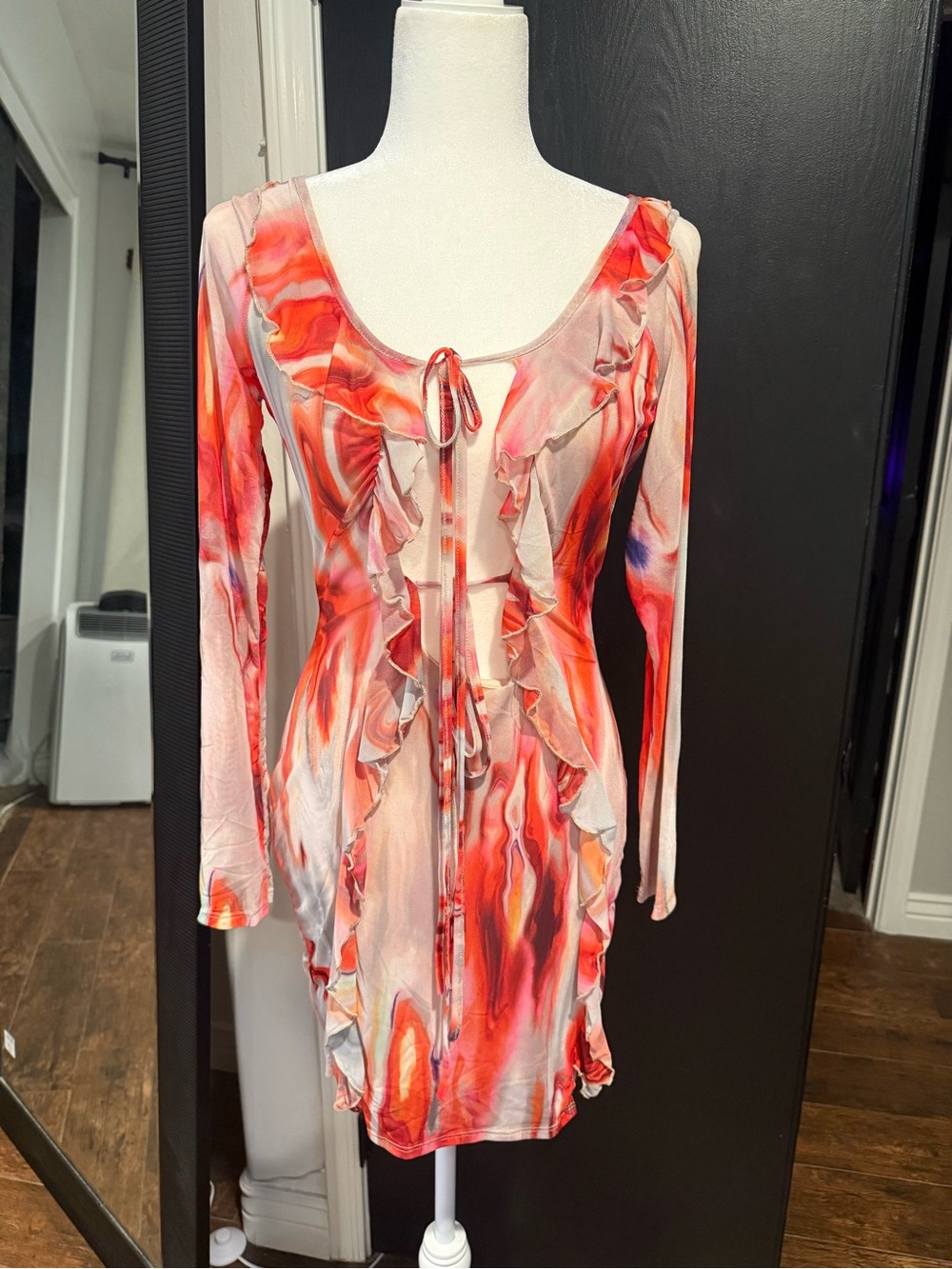 Fashion Nova Coral Pink Swirl Ruffle Tie-Front Long Sleeve Mini Dress